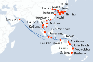 Carte itinéraire croisière - 58 jours au départ de Tokyo - Australie Nouvelle Zélande