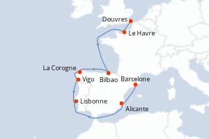 Carte itinéraire croisière - 10 jours au départ de Douvres - Méditerranée