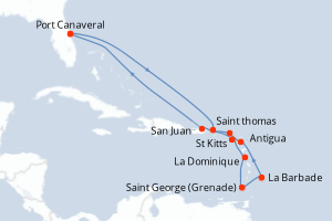 Carte itinéraire croisière - 14 jours au départ de Port Canaveral - Caraïbes Bahamas