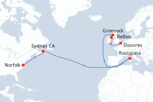 Carte itinéraire croisière - 15 jours au départ de Norfolk - Transatlantique