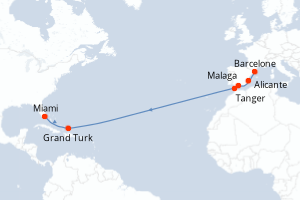 Carte itinéraire croisière - 13 jours au départ de Barcelone - Transatlantique