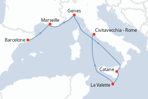 Carte itinéraire croisière - 10 jours au départ de Barcelone - Méditerranée