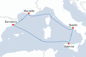 Carte itinéraire croisière - 7 jours au départ de Barcelone - Méditerranée