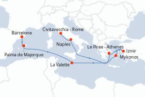 Carte itinéraire croisière - 10 jours au départ de Civitavecchia - Rome - Méditerranée
