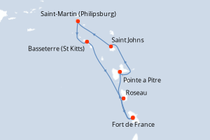 Carte itinéraire croisière Caraibes-Antilles - 7 jours au départ de Fort de France - Caraïbes Bahamas