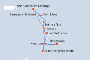 Carte itinéraire croisière - 14 jours au départ de Bridgetown - Caraïbes Bahamas