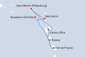Carte itinéraire croisière - 7 jours au départ de Fort de France - Caraïbes Bahamas
