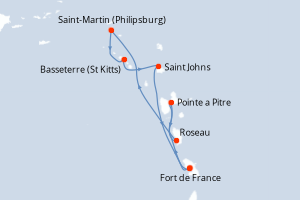 Carte itinéraire croisière - 7 jours au départ de Fort de France - Caraïbes Bahamas