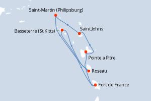 Carte itinéraire croisière - 7 jours au départ de Pointe a Pitre - Caraïbes Bahamas