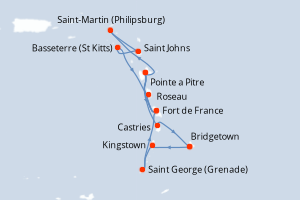 Carte itinéraire croisière - 14 jours au départ de Bridgetown - Caraïbes Bahamas