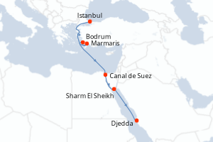 Carte itinéraire croisière - 8 jours au départ de Istanbul - Mer Rouge Océan Indien