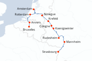 Carte itinéraire croisière - 11 jours au départ de Bruxelles - Rhin Main Moselle