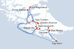 Carte itinéraire croisière - 8 jours au départ de Punta Arenas - Amérique du Sud