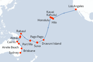 Carte itinéraire croisière - 37 jours au départ de Los Angeles - Australie Nouvelle Zélande