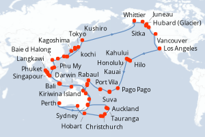 Carte itinéraire croisière Tour du monde 2027 - 114 jours au départ de Los Angeles - Tour du Monde