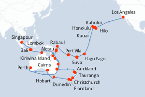 Carte itinéraire croisière - 69 jours au départ de Los Angeles - Asie