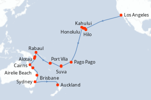 Carte itinéraire croisière - 41 jours au départ de Los Angeles - Australie Nouvelle Zélande