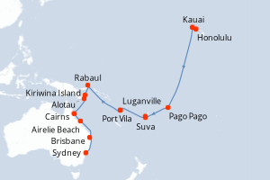 Carte itinéraire croisière - 29 jours au départ de Honolulu - Australie Nouvelle Zélande