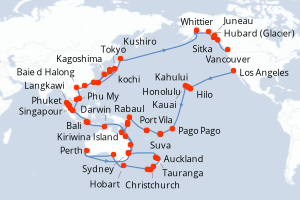 Carte itinéraire croisière - 110 jours au départ de Los Angeles - Tour du Monde