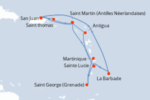 Carte itinéraire croisière - 14 jours au départ de San Juan - Caraïbes Bahamas