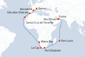 Carte itinéraire croisière - 35 jours au départ de Abu Dhabi - Moyen-Orient Dubaï