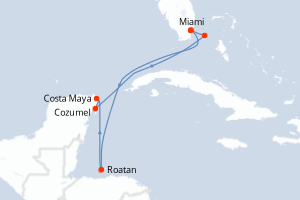 Carte itinéraire croisière Miami, Isla de Roatan, Costa Maya, Cozumel, Ocean Cay, Miami - 7 jours au départ de Miami - Caraïbes Mexique
