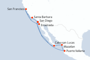 Carte itinéraire croisière - 14 jours au départ de San Diego - Amérique du Nord