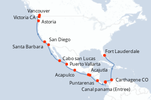 Carte itinéraire croisière - 22 jours au départ de Fort Lauderdale - Transatlantique