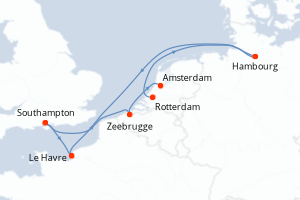 Carte itinéraire croisière - 7 jours au départ de Rotterdam - Europe du Nord