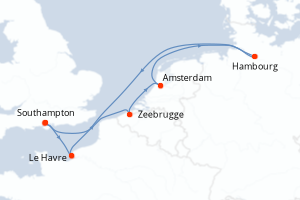 Carte itinéraire croisière - 7 jours au départ de Southampton - Europe du Nord
