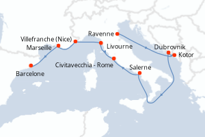 Carte itinéraire croisière - 9 jours au départ de Ravenne - Méditerranée