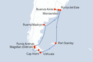 Carte itinéraire croisière - 14 jours au départ de Buenos Aires - Amérique du Sud