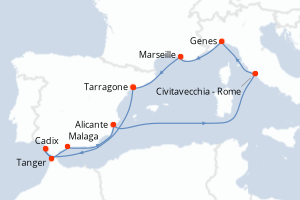 Carte itinéraire croisière - 10 jours au départ de Tarragone - Méditerranée