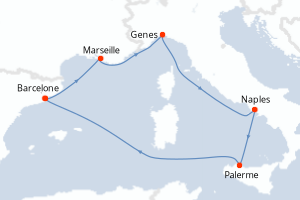 Carte itinéraire croisière - 6 jours au départ de Barcelone - Méditerranée