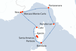 Carte itinéraire croisière - 7 jours au départ de Nice - Méditerranée