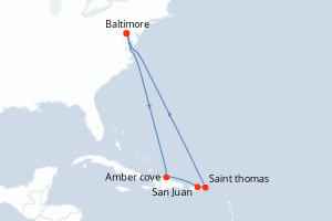Carte itinéraire croisière - 9 jours au départ de Baltimore - Amérique du Nord