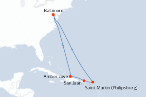 Carte itinéraire croisière - 9 jours au départ de Baltimore - Amérique du Nord