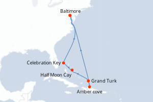 Carte itinéraire croisière - 9 jours au départ de Baltimore - Amérique du Nord