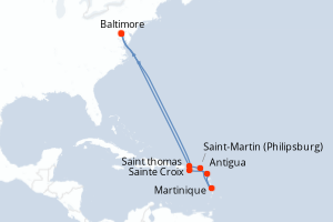 Carte itinéraire croisière - 12 jours au départ de Baltimore - Amérique du Nord