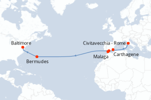 Carte itinéraire croisière - 15 jours au départ de Civitavecchia - Rome - Transatlantique
