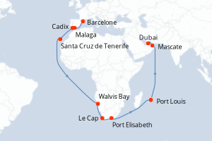 Carte itinéraire croisière - 36 jours au départ de Barcelone - Moyen-Orient Dubaï