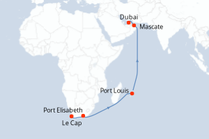 Carte itinéraire croisière - 17 jours au départ de Le Cap - Moyen-Orient Dubaï