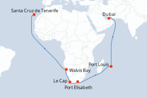 Carte itinéraire croisière - 28 jours au départ de Dubai - Iles Canaries