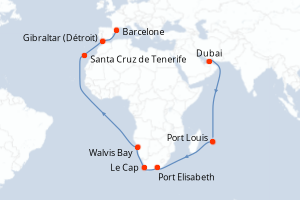 Carte itinéraire croisière - 33 jours au départ de Dubai - Méditerranée