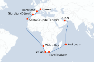 Carte itinéraire croisière - 34 jours au départ de Dubai - Moyen-Orient Dubaï