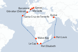 Carte itinéraire croisière - 34 jours au départ de Dubai - Moyen-Orient Dubaï
