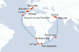 Carte itinéraire croisière - 37 jours au départ de Marseille - Moyen-Orient Dubaï