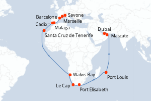 Carte itinéraire croisière - 38 jours au départ de Savone - Moyen-Orient Dubaï