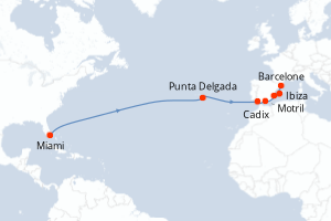 Carte itinéraire croisière - 15 jours au départ de Miami - Transatlantique