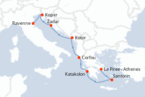 Carte itinéraire croisière - 7 jours au départ de Le Piree - Athenes - Méditerranée